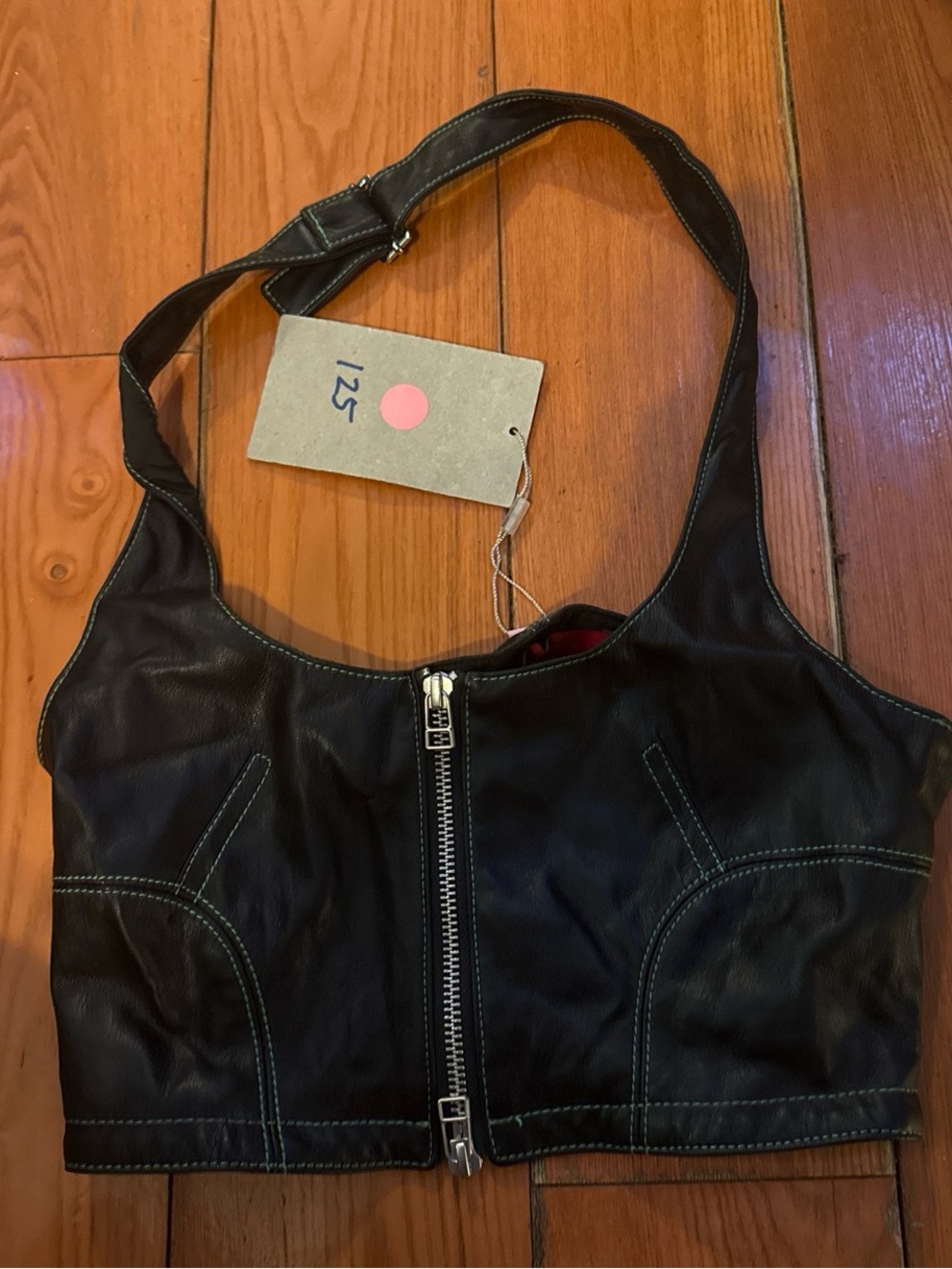 Eckhaus Latta Black Leather Crop Bag Top with Front Zip size s